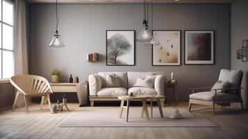 diseño de un acogedor vivo habitación interior en un moderno escandinavo estilo. ai generado. foto