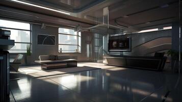 Design of a cozy living room interior in a modern high-tech style. . photo