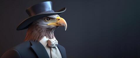 Gentleman, boss bald eagle in hat, suit and tie. Banner header. . photo