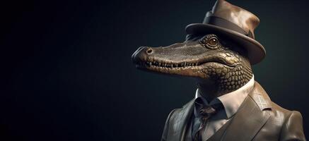 Gentleman boss crocodile aligator in hat, suit and tie. Banner header. . photo