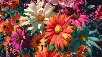 Texture of vibrant mixed american colorful blooming flowers for background, wallpaper. . photo