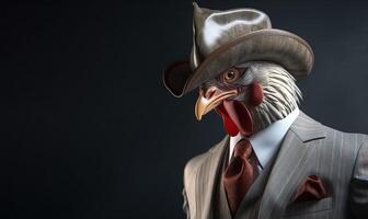 Gentleman, boss rooster with red crest in hat, suit and tie. Banner header. . photo