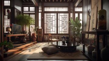diseño de un acogedor vivo habitación interior en un moderno feng shui estilo. ai generado. foto