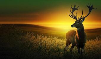 Beautiful deer on a background with a sunrise in a clearing. . photo