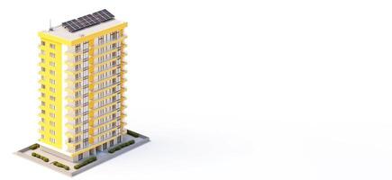 Modern high-rise yellow urban house with solar panels on the roof on a white background, isolate. . photo