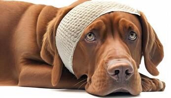 A sick dog sits with a bandage on his head and a white background. . photo