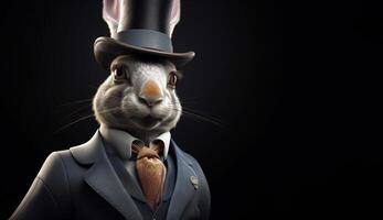 Gentleman, boss fluffy rabbit, hare in a hat, suit and tie. Banner header. . photo