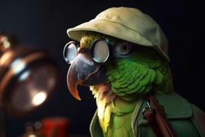 Mr green parrot gentleman in boss hat and scientist. . photo