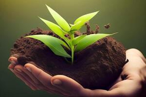 ai generativo un mano participación un pequeño planta en el suelo foto