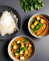 Three bowls of tofu and rice with a spoon on the side photo