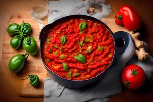 A pot of red sauce with a green pepper on the side. photo