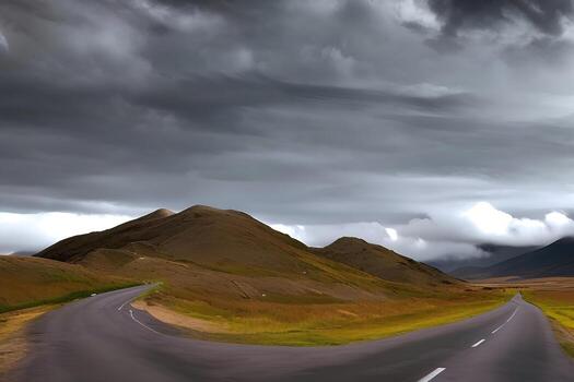 A road with a cloudy sky and a mountain in the background photo