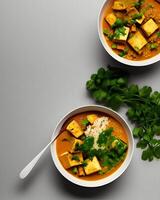 Two bowls of tofu and rice with a spoon on a table photo