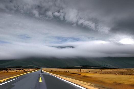 A road with a yellow line that says the road to the right photo