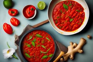 A bowl of tomato soup next to a bowl of tomato sauce. photo