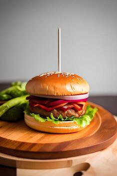 A burger with a bun and lettuce photo
