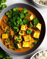 A bowl of tofu curry with rice and parsley on the side photo