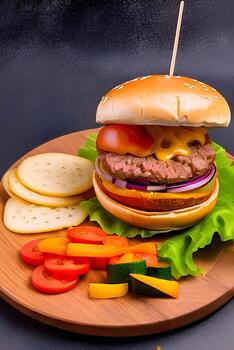 A plate of food with a hamburger and vegetables photo