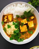 A bowl of food with tofu and rice and a green leaf on the side. photo