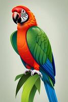 A colorful parrot sits on a leaf that says macaw . photo