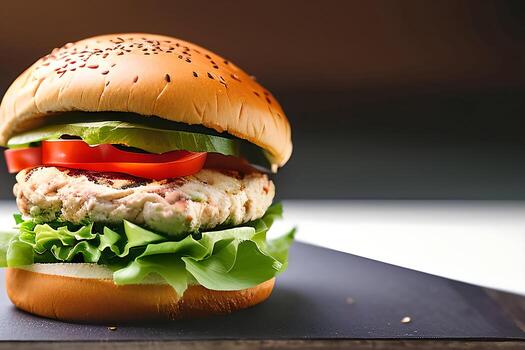 A burger with a tomato on it photo