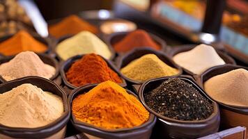 AI Generative A variety of spices are displayed in small containers. photo