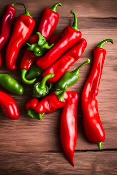 A pile of red chili peppers on a wooden surface photo