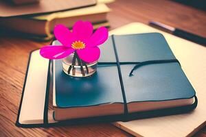 A pink flower sits on a notebook on a desk. photo
