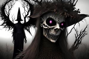 A witch with a purple eye and a black hat with a skull and a tree in the background. photo