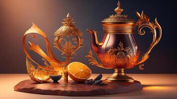 3d illustration of a golden teapot with lemon and mint. photo