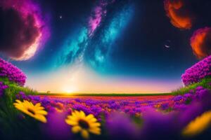 Fantasy landscape with flowers, mountains and moon. photo