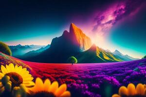 Fantasy landscape with flowers, mountains and moon. photo