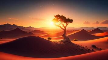 Desert landscape with tree and sand dunes at sunset. photo