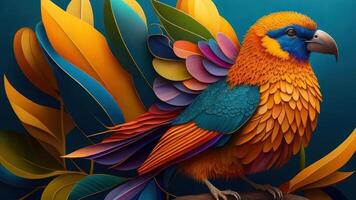 Colorful parrot with tropical leaves background. photo