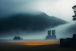 Silhouette of the ruins of an ancient building in the fog. photo