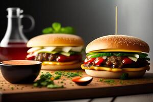 Two cheeseburgers on a wooden board on a dark background. photo