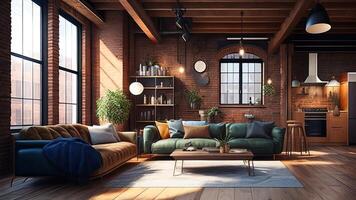 interior de moderno desván vivo habitación con ladrillo paredes, de madera piso, cómodo verde sofá y café mesa. ai generado foto