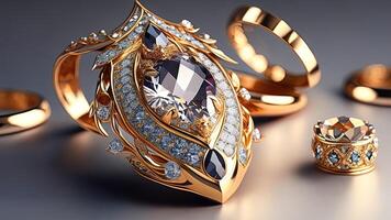 Jewelry gold ring with precious stones. photo