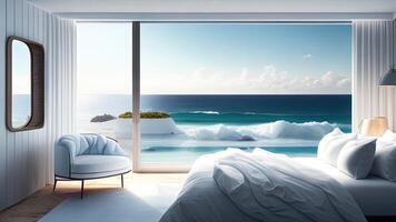 Interior of modern bedroom with sea view. photo