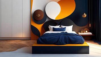 Interior of modern bedroom with black and orange walls, concrete floor, comfortable king size bed with two bedside tables and decorative plates. photo