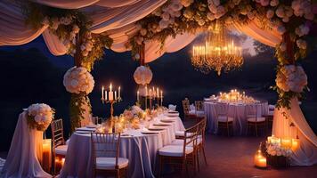 Wedding Ceremony with Table and Chandelier at Night. photo