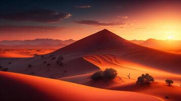 Desert landscape with tree and sand dunes at sunset. photo