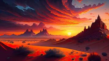 Fantasy alien planet. Mountain and sunset. photo