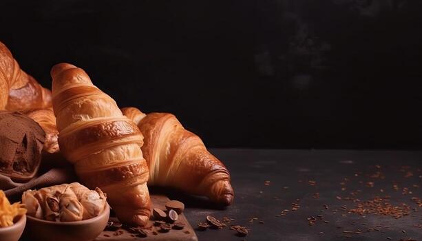 Croissants and bread frame with copy space. photo
