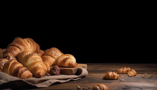 Croissants and bread frame with copy space. photo