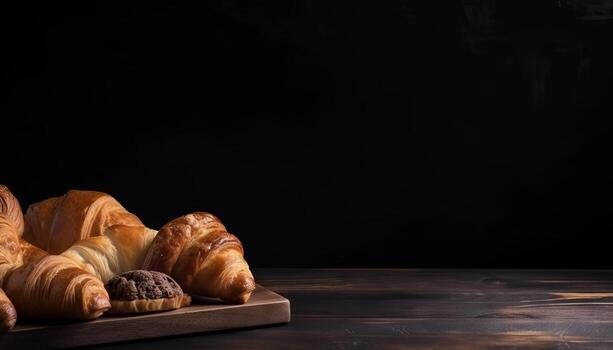 Croissants and bread frame with copy space. photo