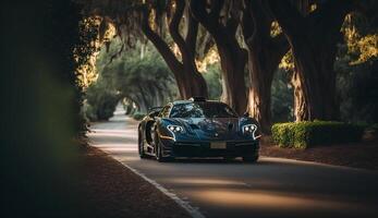 illustration of a sport car on a lonely road with a view of trees , photo