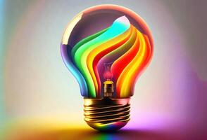 A colorful Light bulb. 3d idea bulb lamp, visualization of brainstorming, bright idea and creative thinking, photo