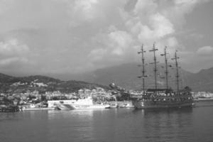 original landscape of the port and city of Alanya in Turkey from the sea photo