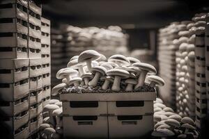 Organic mushrooms growing on mushroom farm in wooden boxes. Harvesting, packaging and sailing cultivated mushrooms. Natural mushroom production industry. Black white photo. photo